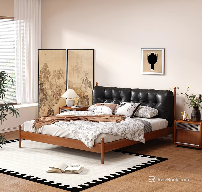 Double Bed With Black Leather Headboard Wooden Frame Patterned Bedding Nightstand Lamp And Decorative Screen 3d model 