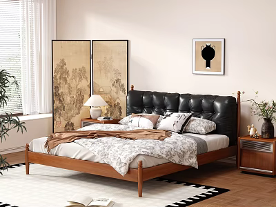 Double Bed With Black Leather Headboard Wooden Frame Patterned Bedding Nightstand Lamp And Decorative Screen 3d model