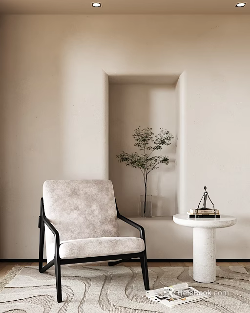 Light Beige Single Sofa With Black Armrests Near Small Round Table And Window Tree 3d model