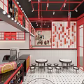Traditional Chinese Style Milk Tea Shop With Red Decor And Round Tables