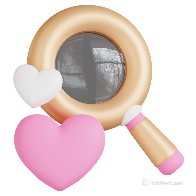 Golden Magnifying Glass With Pink Handle And White Pink Heart Shapes 3d model 