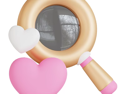Golden Magnifying Glass With Pink Handle And White Pink Heart Shapes 3d model
