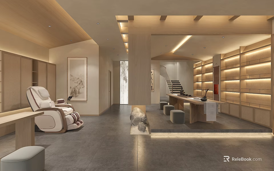 Modern Beauty Hair Salon Interior With Wooden Decor Comfortable Chairs And Workstations 3d model 