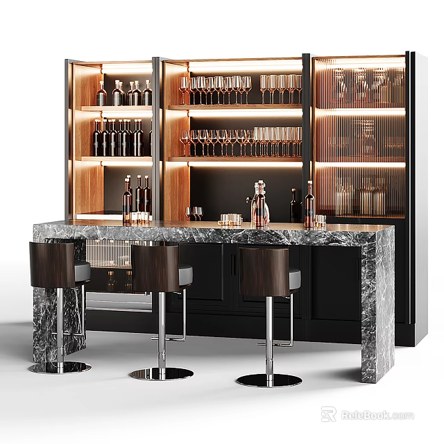 Elegant Modern Bar Interior With Marble Counter Leather Stools Glass Cabinet Wine Bottles And Glasses 3d model 