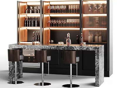 Elegant Modern Bar Interior With Marble Counter Leather Stools Glass Cabinet Wine Bottles And Glasses 3d model