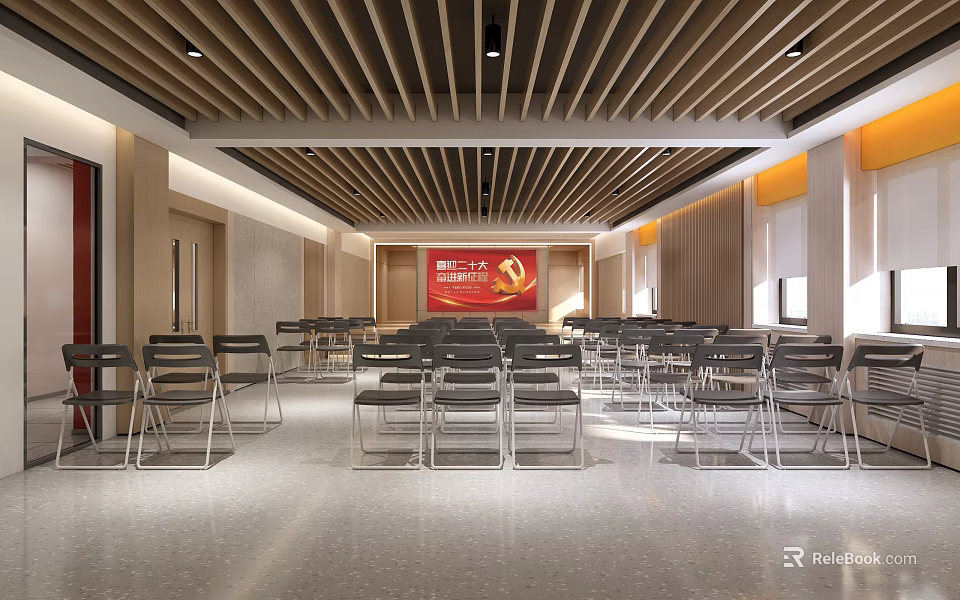 Spacious Conference Room With Red Banner Party Emblem Folding Chairs And Wooden Ceiling 3d model 