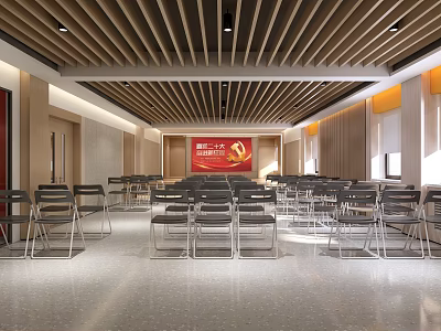 Spacious Conference Room With Red Banner Party Emblem Folding Chairs And Wooden Ceiling 3d model