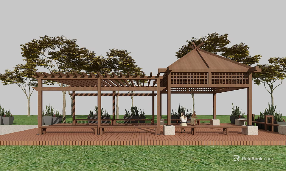 Garden Landscape Design with Wooden Pergola Pavilion Trees Wooden Deck Green Plants and Seats 3d model 