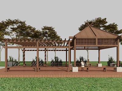 Garden Landscape Design with Wooden Pergola Pavilion Trees Wooden Deck Green Plants and Seats 3d model