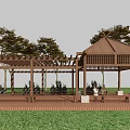 Garden Landscape Design with Wooden Pergola Pavilion Trees Wooden Deck Green Plants and Seats
