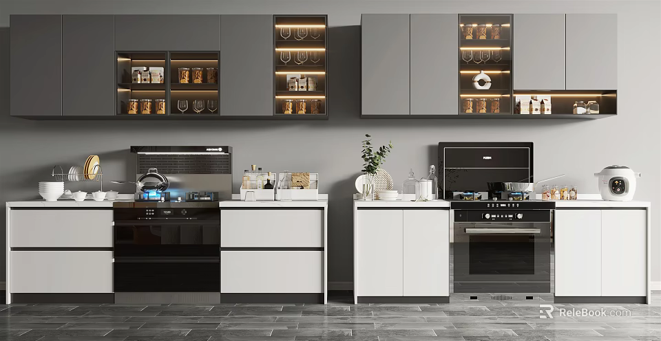 Modern Kitchen With Glass Door Cabinets Countertop Stove Oven And Kitchen Appliances 3d model 