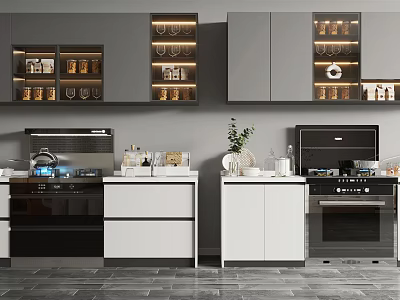Modern Kitchen With Glass Door Cabinets Countertop Stove Oven And Kitchen Appliances 3d model
