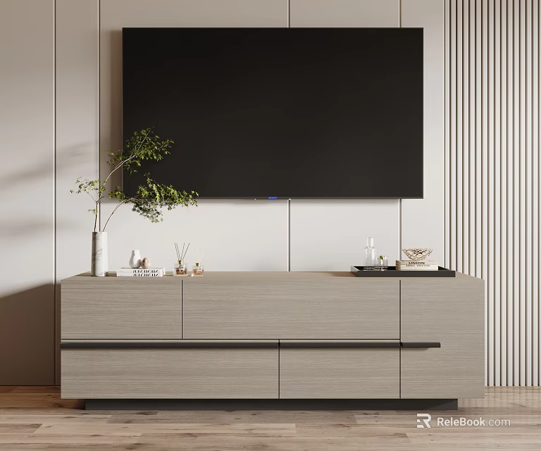 Modern Light Wood TV Stand With Drawers Green Plant And Wall Mounted TV 3d model 