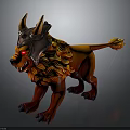 Mythical Creature Character with Horned Helmet Orange Fur and Red Eyes in Ferocious Stance