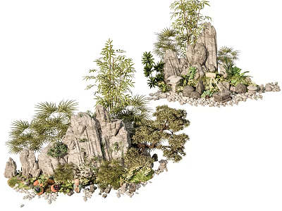 Rockery Stones Decorated With Lush Green Plants In Garden Landscape Design 3d model