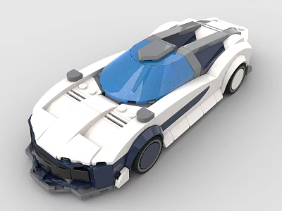 White And Blue Building Blocks Sports Car With Sleek Design Transparent Roof And Black Wheels 3d model