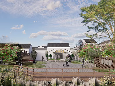 Traditional Homestay Architecture With White Walls Black Tiles Greenery And Stone Path 3d model