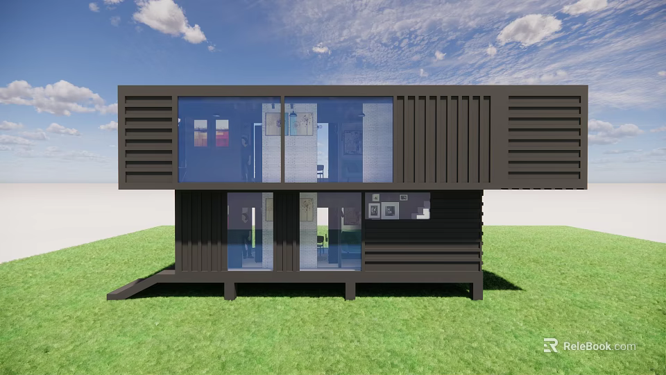 Modern Container Single Family House With Dark Brown Exterior Large Glass Windows And Green Lawn 3d model 