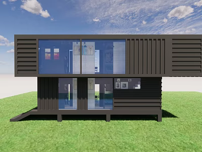 Modern Container Single Family House With Dark Brown Exterior Large Glass Windows And Green Lawn 3d model