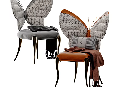 Modern Butterfly Shaped Dining Chairs With Gray Brown Upholstery And Decorative Throw Blankets 3d model