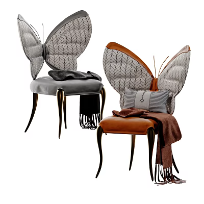 Modern Butterfly Shaped Dining Chairs With Gray Brown Upholstery And Decorative Throw Blankets 3d model