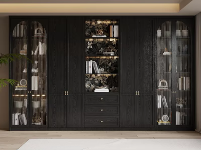 Modern Black Wooden Bookcase Design With Glass Doors Open Shelves Drawers And Decorative Items 3d model