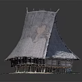 Traditional Thatched Roof Building Model With Sloped Structure And Wooden Supports