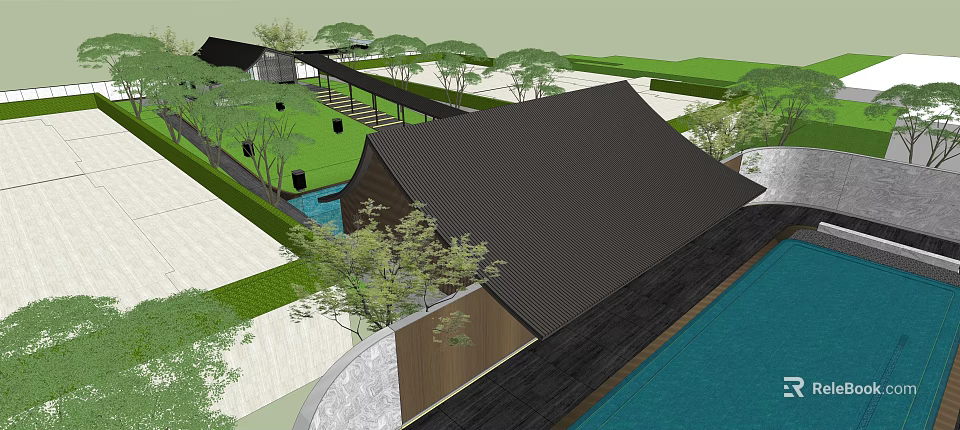 Traditional Garden Landscape Design With Black Roof Buildings Green Lawns And Water Features 3d model 