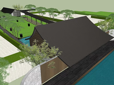 Traditional Garden Landscape Design With Black Roof Buildings Green Lawns And Water Features 3d model