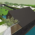 Traditional Garden Landscape Design With Black Roof Buildings Green Lawns And Water Features