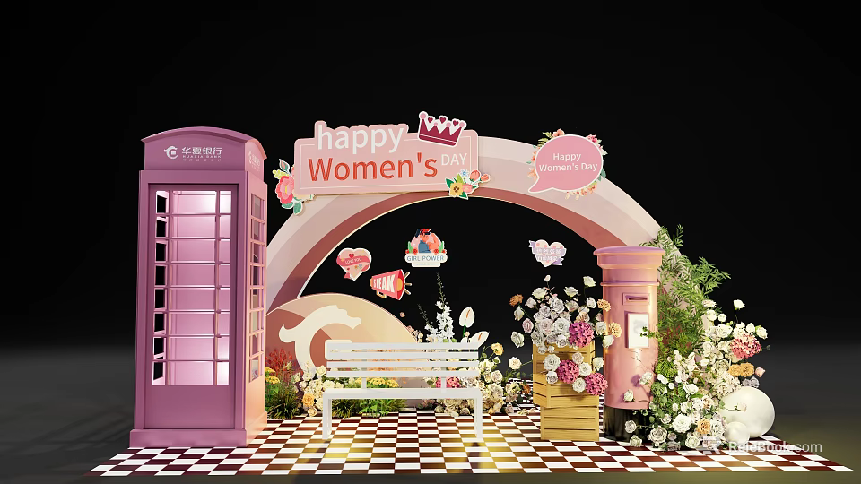 Happy Women's Day Decorative Arch Scene With Purple Telephone Booth White Bench And Flowers 3d model 