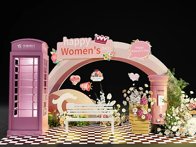 Happy Women's Day Decorative Arch Scene With Purple Telephone Booth White Bench And Flowers 3d model