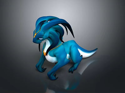 Blue Horned Dragon Mythical Creature Standing With Golden Accents And Smooth Scales 3d model