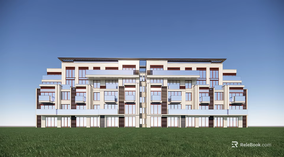 Modern Multi Story Building Exterior With Green Lawn And Blue Sky 3d model 