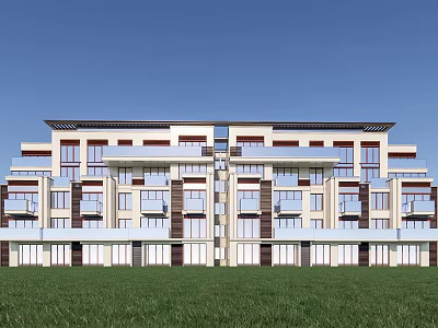 Modern Multi Story Building Exterior With Green Lawn And Blue Sky 3d model