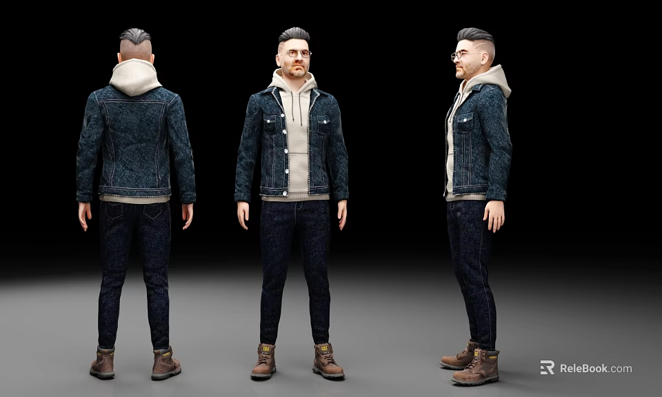A Man Wearing Denim Jacket Hoodie Jeans And Brown Boots In Three Angles 3d model 