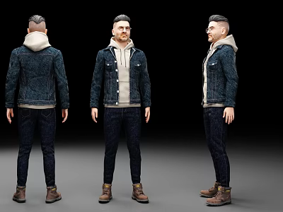 A Man Wearing Denim Jacket Hoodie Jeans And Brown Boots In Three Angles 3d model