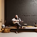 Man Playing Acoustic Guitar With Cat In Stylish Interior By WANG SHEJI