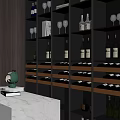 Modern Wine Cabinet With Glass Doors Wooden Shelves Wine Bottles Glasses And Lighting