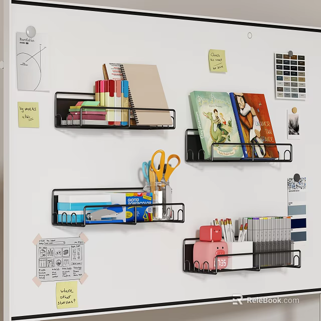 Efficient Home Office Wall With Stationery Scissors Books And Wall Mounted Cabinets 3d model