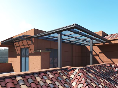 Villa Balcony With Glass Canopy And Terra Cotta Tile Roof 3d model