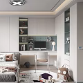 Modern Tatami Bedroom Interior With Built in Storage Bookshelves Study Desk And Window Curtains
