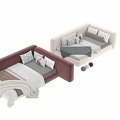 Modern Kids Bed With Soft Upholstered Design Grey Pink Beige And Animal Print Pillows