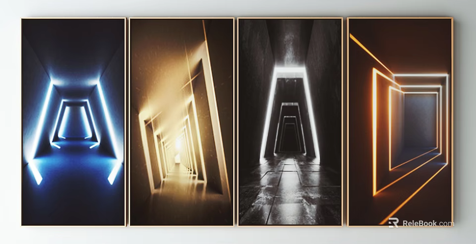 Modern Abstract Luminous Geometric Corridor With Colorful Light And Dark Background 3d model 