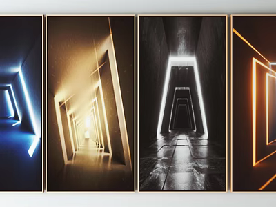 Modern Abstract Luminous Geometric Corridor With Colorful Light And Dark Background 3d model