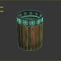 Wooden Cylindrical Glossy Decorative Container With Carved Rim And Vertical Slats