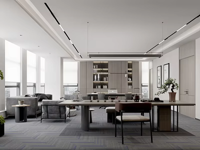 Modern Office Interior With Spacious Workspace Large Windows Sofa Area Bookshelf And Green Plants 3d model