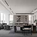Modern Office Interior With Spacious Workspace Large Windows Sofa Area Bookshelf And Green Plants