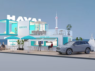 HAVAL Coffee Bar With Blue White Container Structure And Silver SUV Car Near Tower 3d model