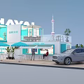 HAVAL Coffee Bar With Blue White Container Structure And Silver SUV Car Near Tower